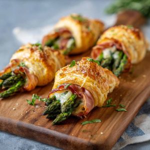 Flaky puff pastry bundles wrapped with prosciutto and fresh asparagus, baked until golden and crispy.