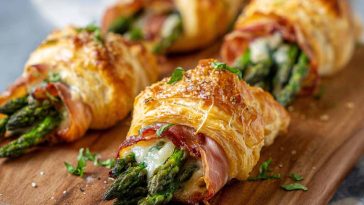 Flaky puff pastry bundles wrapped with prosciutto and fresh asparagus, baked until golden and crispy.