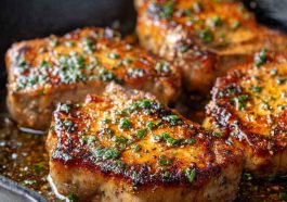 Garlic butter pan-seared pork chops with a golden crust, topped with herbs and a rich buttery sauce.