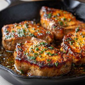 Garlic butter pan-seared pork chops with a golden crust, topped with herbs and a rich buttery sauce.