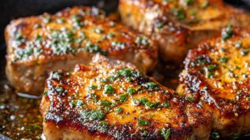 Garlic butter pan-seared pork chops with a golden crust, topped with herbs and a rich buttery sauce.