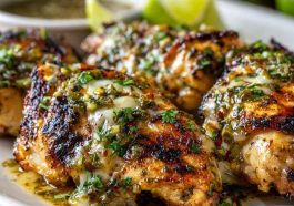 Grilled chicken topped with salsa verde and melted pepper jack cheese, garnished with fresh herbs.