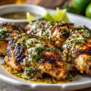 Grilled chicken topped with salsa verde and melted pepper jack cheese, garnished with fresh herbs.
