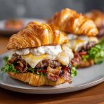 Croissant smash burgers with juicy beef patties, melted cheese, and toppings inside flaky croissants.