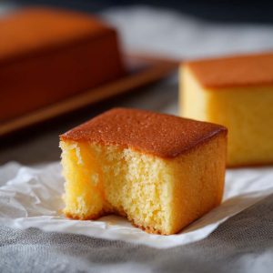 Bitten slice of Castella cake showing fluffy texture