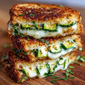 Crispy grilled cheese sandwich with zucchini slices and garlic butter, melted cheese inside.
