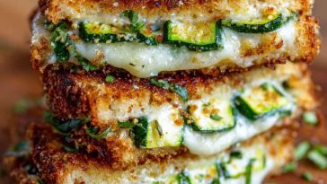 Crispy grilled cheese sandwich with zucchini slices and garlic butter, melted cheese inside.