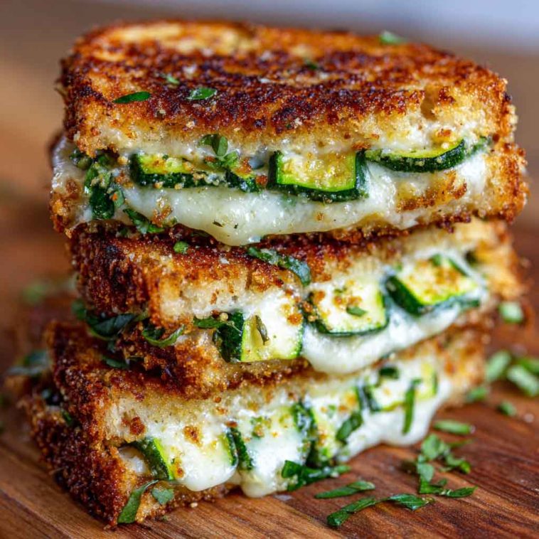 Crispy grilled cheese sandwich with zucchini slices and garlic butter, melted cheese inside.