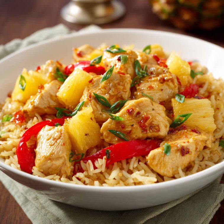 Pineapple chicken and rice with tender chicken, sweet pineapple chunks, and fluffy rice in a savory sauce.