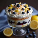 A layered lemon blueberry trifle in a glass bowl, with fluffy cake cubes, lemon cream, fresh blueberries, and whipped topping, garnished with lemon zest.
