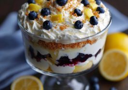 A layered lemon blueberry trifle in a glass bowl, with fluffy cake cubes, lemon cream, fresh blueberries, and whipped topping, garnished with lemon zest.