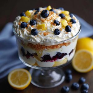 A layered lemon blueberry trifle in a glass bowl, with fluffy cake cubes, lemon cream, fresh blueberries, and whipped topping, garnished with lemon zest.