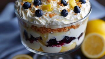 A layered lemon blueberry trifle in a glass bowl, with fluffy cake cubes, lemon cream, fresh blueberries, and whipped topping, garnished with lemon zest.