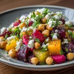 A vibrant bowl of chickpea, beet, and feta salad with roasted beets, creamy feta crumbles, chickpeas, fresh herbs, and a light vinaigrette.