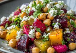 A vibrant bowl of chickpea, beet, and feta salad with roasted beets, creamy feta crumbles, chickpeas, fresh herbs, and a light vinaigrette.