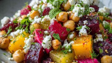A vibrant bowl of chickpea, beet, and feta salad with roasted beets, creamy feta crumbles, chickpeas, fresh herbs, and a light vinaigrette.