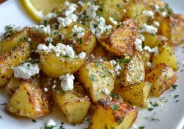 Golden roasted potatoes topped with crumbled feta, fresh herbs, and lemon slices, served in a rustic baking dish.