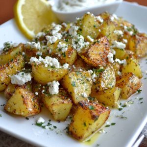 Golden roasted potatoes topped with crumbled feta, fresh herbs, and lemon slices, served in a rustic baking dish.