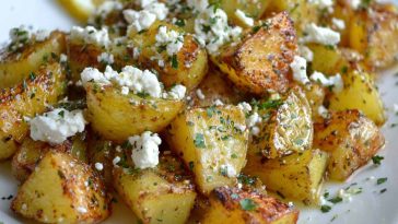 Golden roasted potatoes topped with crumbled feta, fresh herbs, and lemon slices, served in a rustic baking dish.