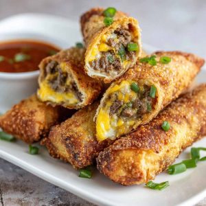 Crispy egg rolls filled with Philly cheesesteak steak, melted cheese, and sautéed peppers and onions.