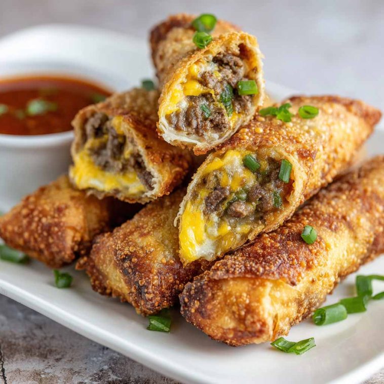 Crispy egg rolls filled with Philly cheesesteak steak, melted cheese, and sautéed peppers and onions.