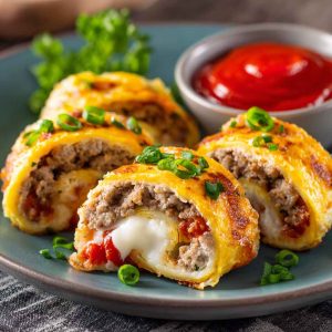 Low-carb keto roll-ups filled with cheese, deli meat, and fresh vegetables, sliced into bite-sized pieces.