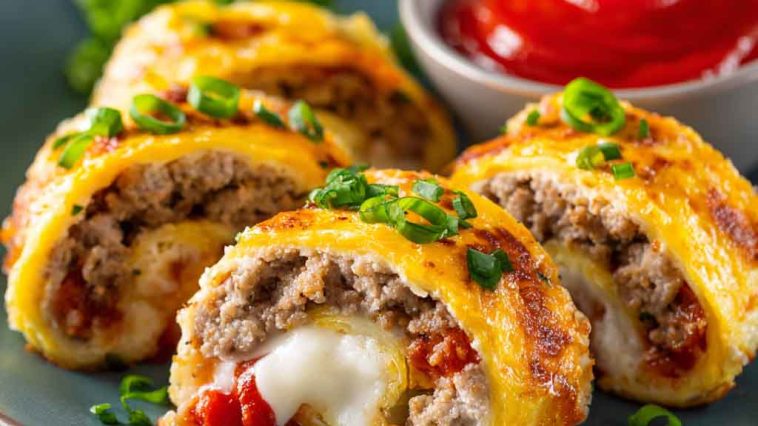 Low-carb keto roll-ups filled with cheese, deli meat, and fresh vegetables, sliced into bite-sized pieces.