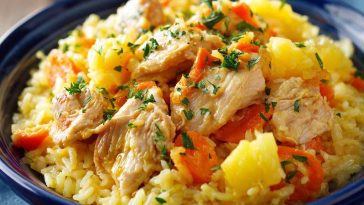Pineapple chicken and rice cooked in one pan with a sweet and savory glaze.