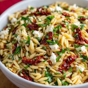 A colorful bowl of orzo pasta salad with crumbled feta, sun-dried tomatoes, fresh herbs, and a light vinaigrette, served in a rustic dish.
