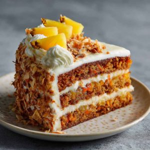 A moist Hawaiian carrot pineapple cake topped with cream cheese frosting, garnished with crushed pineapple and shredded coconut on a rustic cake stand.