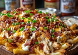 Dirty chicken and bacon loaded fries topped with melted cheese and sauce