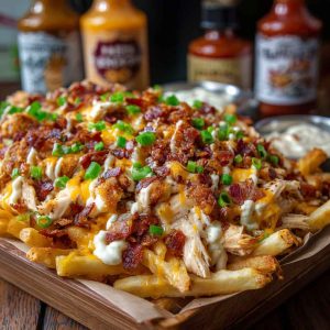 Dirty chicken and bacon loaded fries topped with melted cheese and sauce
