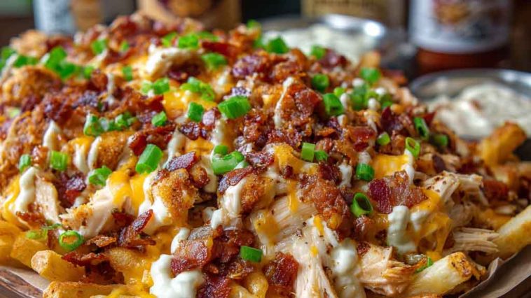 Dirty chicken and bacon loaded fries topped with melted cheese and sauce