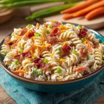 Creamy bacon cheddar ranch pasta salad loaded with crispy bacon, shredded cheddar cheese, and tender pasta tossed in a rich ranch dressing.