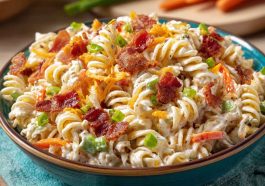 Creamy bacon cheddar ranch pasta salad loaded with crispy bacon, shredded cheddar cheese, and tender pasta tossed in a rich ranch dressing.