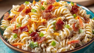 Creamy bacon cheddar ranch pasta salad loaded with crispy bacon, shredded cheddar cheese, and tender pasta tossed in a rich ranch dressing.