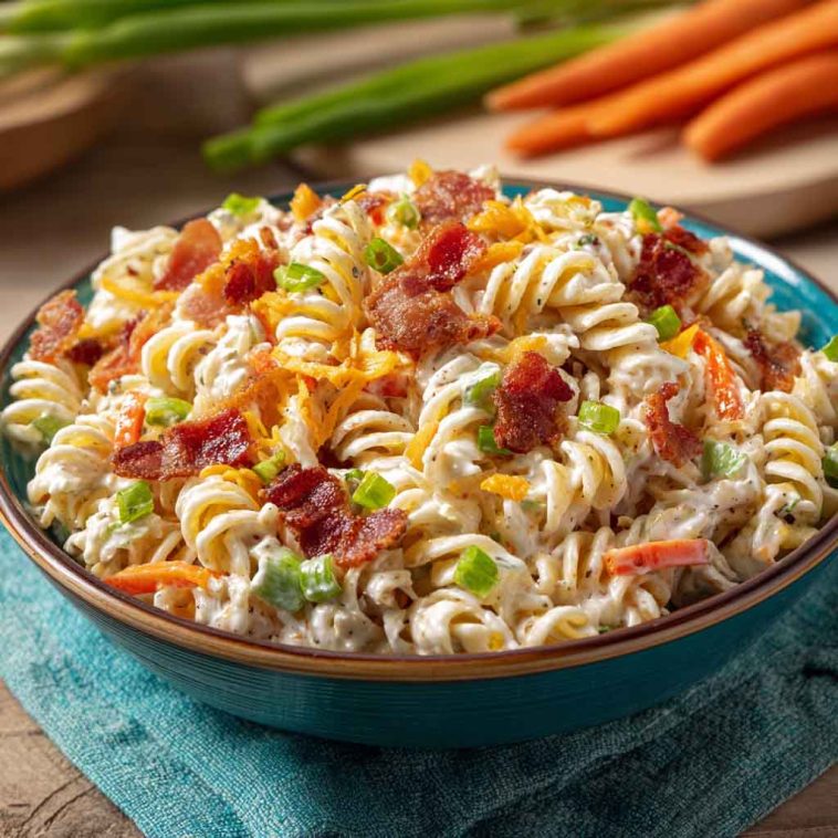 Creamy bacon cheddar ranch pasta salad loaded with crispy bacon, shredded cheddar cheese, and tender pasta tossed in a rich ranch dressing.