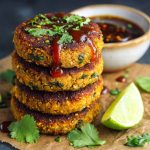 Healthy sweet potato lentil patties golden and crispy on the outside, served with a dipping sauce and fresh herbs.