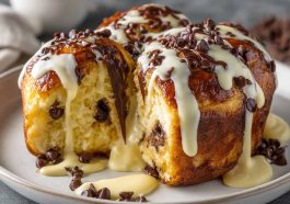 Soft brioche filled with vanilla custard and chocolate chips, baked until golden and slightly glossy on top.