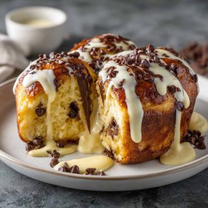 Soft brioche filled with vanilla custard and chocolate chips, baked until golden and slightly glossy on top.