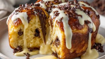 Soft brioche filled with vanilla custard and chocolate chips, baked until golden and slightly glossy on top.