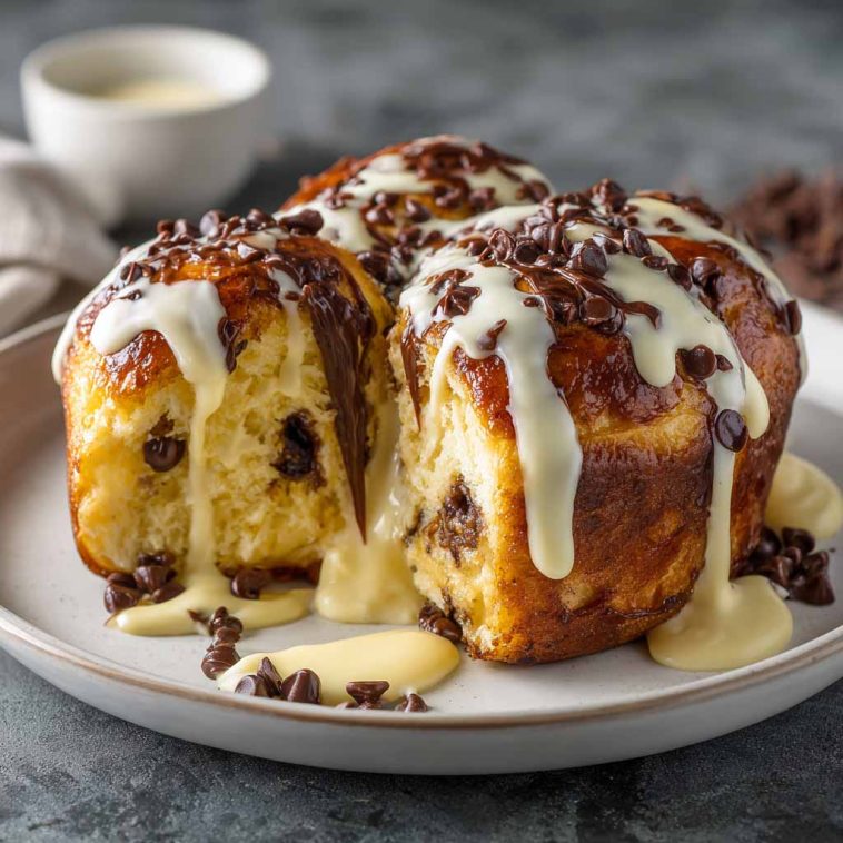 Soft brioche filled with vanilla custard and chocolate chips, baked until golden and slightly glossy on top.