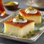 Moist Turkish revani cake soaked in sweet syrup and topped with coconut or pistachios.