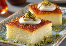 Moist Turkish revani cake soaked in sweet syrup and topped with coconut or pistachios.