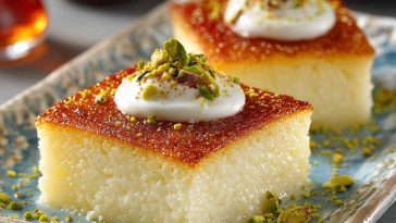 Moist Turkish revani cake soaked in sweet syrup and topped with coconut or pistachios.