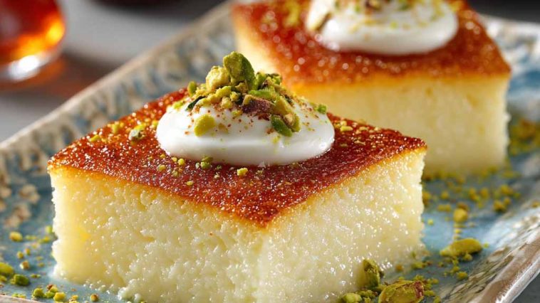 Moist Turkish revani cake soaked in sweet syrup and topped with coconut or pistachios.