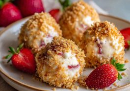 Mini strawberry cheesecake crunch bites topped with fresh strawberries and golden cookie crumbles, arranged on a serving tray.