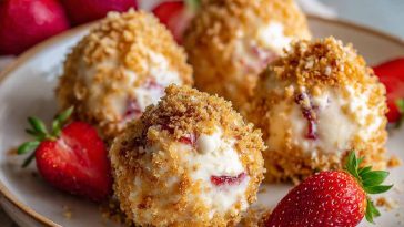 Mini strawberry cheesecake crunch bites topped with fresh strawberries and golden cookie crumbles, arranged on a serving tray.