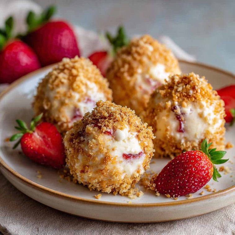 Mini strawberry cheesecake crunch bites topped with fresh strawberries and golden cookie crumbles, arranged on a serving tray.