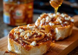 Crispy feta rolls drizzled with chili honey, garnished with herbs and served warm.